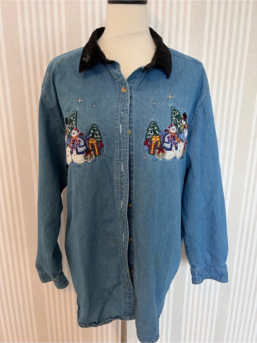 Vintage Bobbie Brooks Snowman Christmas Embroidered Denim Button Down Size XL